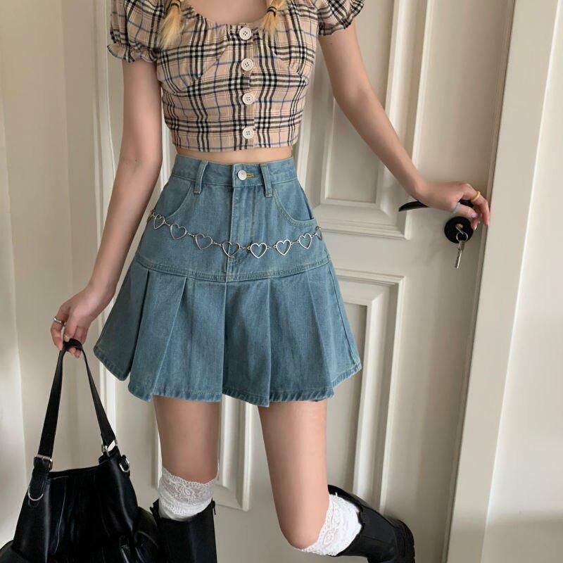 Aesthetic Pleated Denim Mini Skirt for Y2K Fashion Lovers