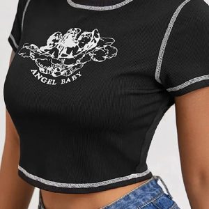 Angel Baby Tee: Y2K Aesthetic Coquette Top with Front Clasp Buckles