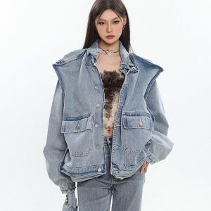 Asymmetric Design Denim Jacket - Y2K Fashion Meets Aesthetic Coquette Style