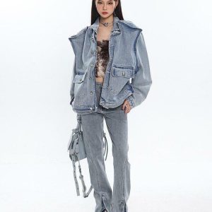 Asymmetric Design Denim Jacket - Y2K Fashion Meets Aesthetic Coquette Style