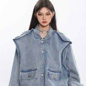 Asymmetric Design Denim Jacket - Y2K Fashion Meets Aesthetic Coquette Style