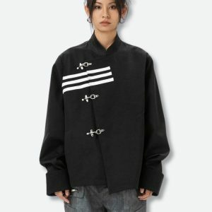 Asymmetric Frog Button Jacket - Y2K Aesthetic Grunge Fashion Statement