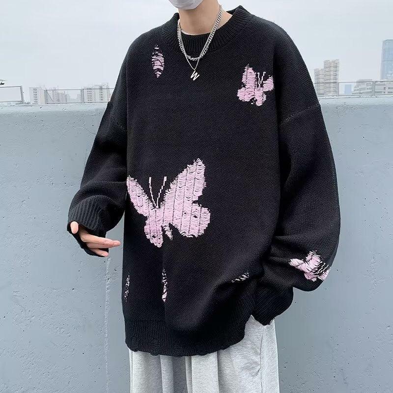 Butterfly Distressed Knit Sweater - Y2K Aesthetic for Cozy Vibes