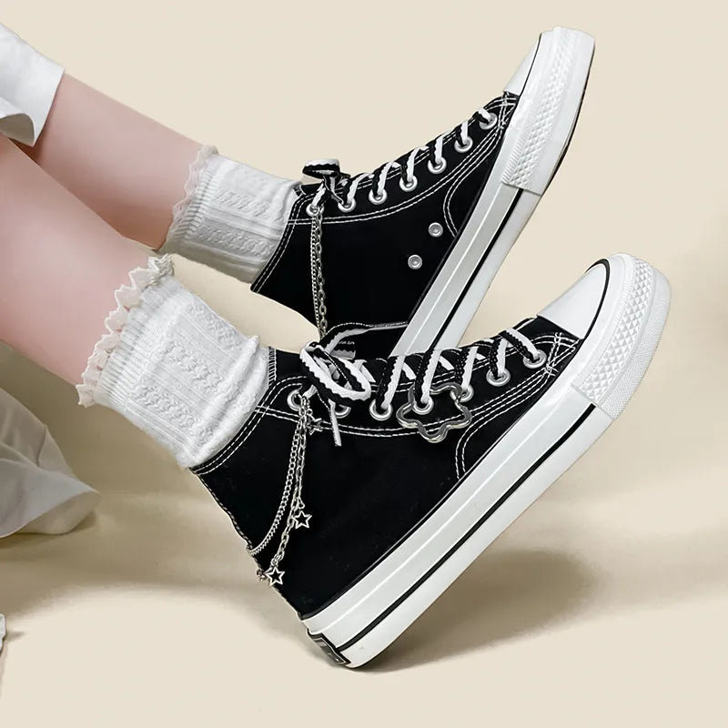 Chain with Stars Canvas Shoes - Y2K Aesthetic Footwear for Trendy Looks