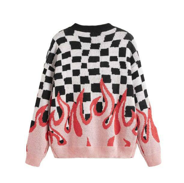 Checkered Flames Sweater - Y2K Aesthetic Grunge Fashion Essential