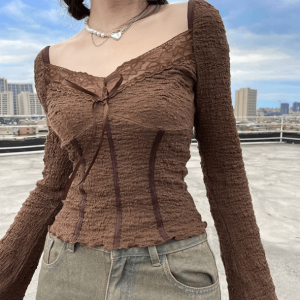 Chic Brown Fairycore Top with Ruffle Details for Aesthetic Vibes