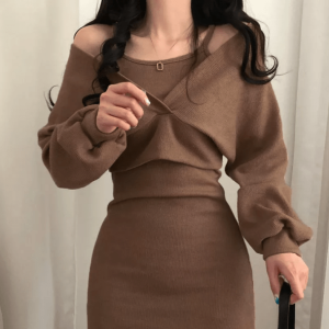 Chic Brown Knitted Mini Dress - Y2K Aesthetic for Trendy Outfits