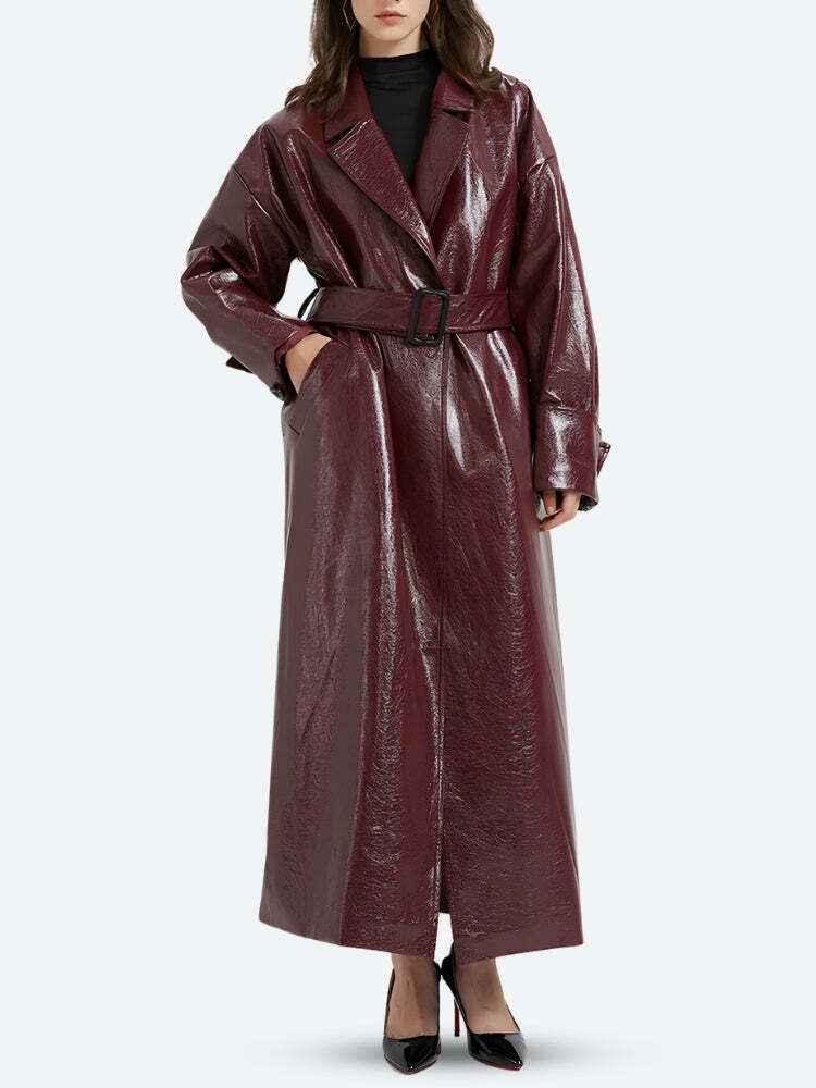 Chic Burgundy Faux Leather Coat for Y2K Fashion & Aesthetic Styles