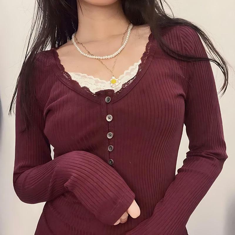 Chic Corduroy Lace Trim Top - Aesthetic Coquette Style for Y2K Fashion