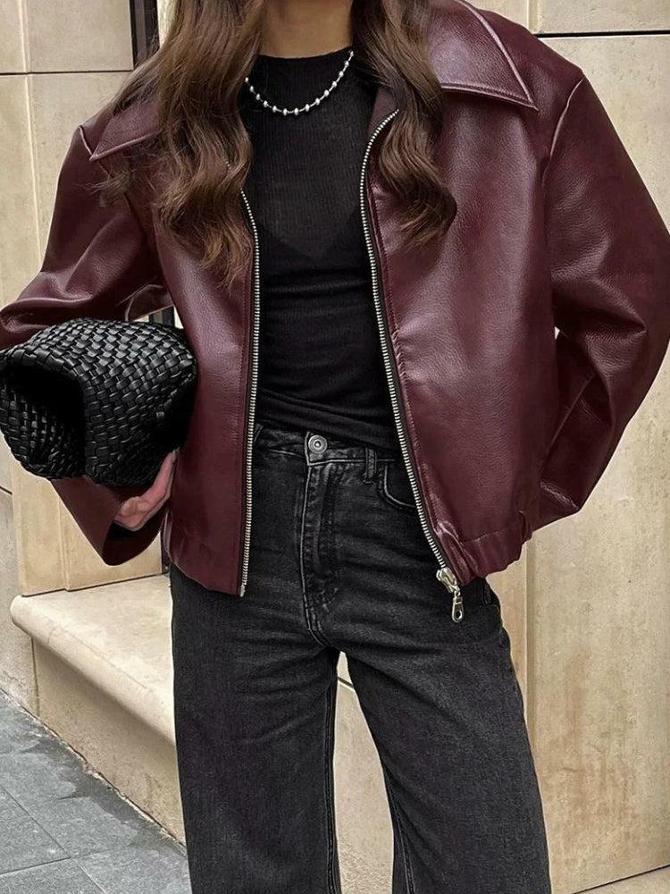 Chic Faux Leather Burgundy Jacket for Y2K Aesthetic & Grunge Styles