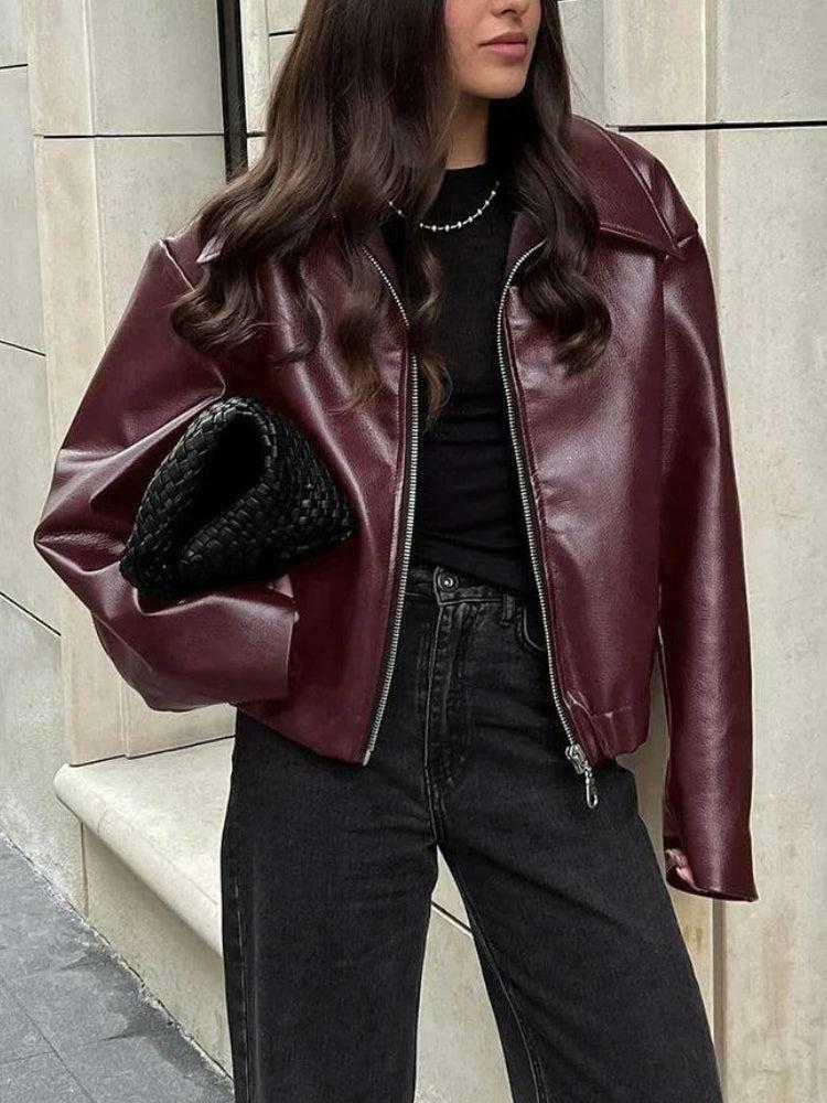 Chic Faux Leather Burgundy Jacket for Y2K Aesthetic & Grunge Styles