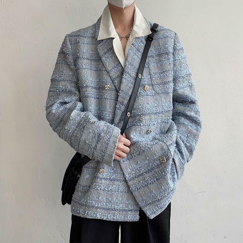 Chic Lapel Collar Blue Tweed Blazer for Y2K Aesthetic Fashion Lovers