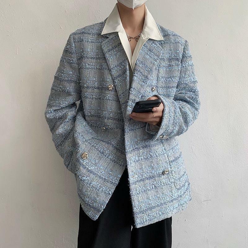 Chic Lapel Collar Blue Tweed Blazer for Y2K Aesthetic Fashion Lovers