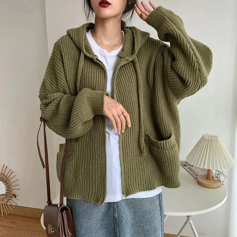 Chic Oversized Knitted Hooded Cardigan for Y2K Aesthetic Lovers