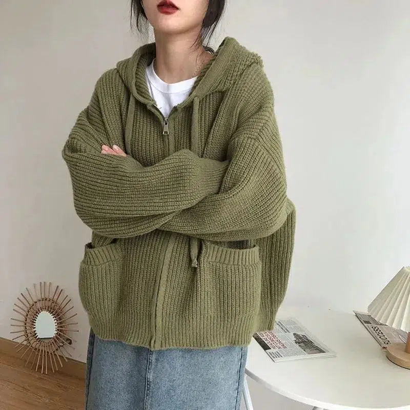 Chic Oversized Knitted Hooded Cardigan for Y2K Aesthetic Lovers