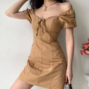 Chic Y2K Brown Mini Dress with Puffy Sleeves for Aesthetic Vibes