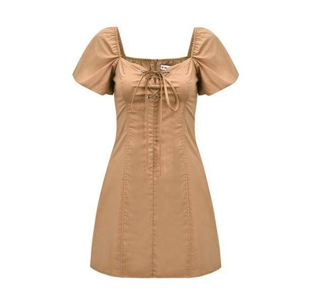 Chic Y2K Brown Mini Dress with Puffy Sleeves for Aesthetic Vibes