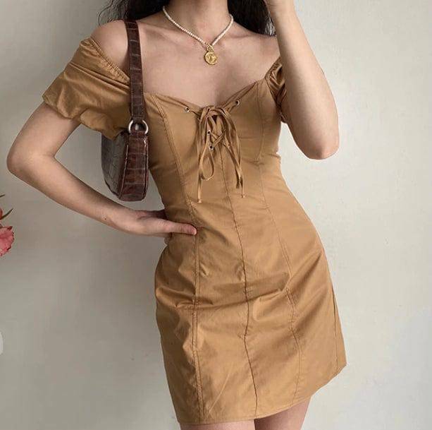 Chic Y2K Brown Mini Dress with Puffy Sleeves for Aesthetic Vibes