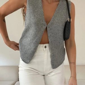 Chic Y2K Open Front Knitted Cardigan Vest for Aesthetic Coquette Style