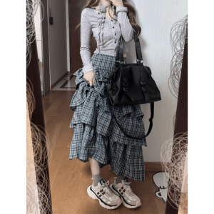 Chic Y2K Plaid Skirt with Ruffles - Aesthetic Coquette Style