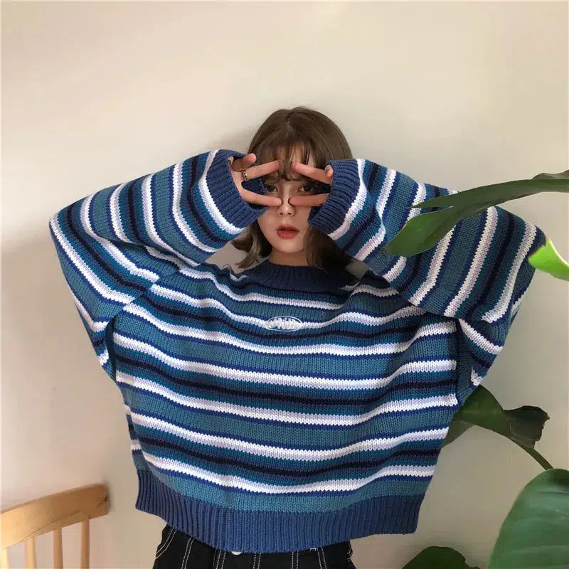 Coquette Aesthetic Wide Sleeved Striped Knitted Sweater for Y2K Vibes