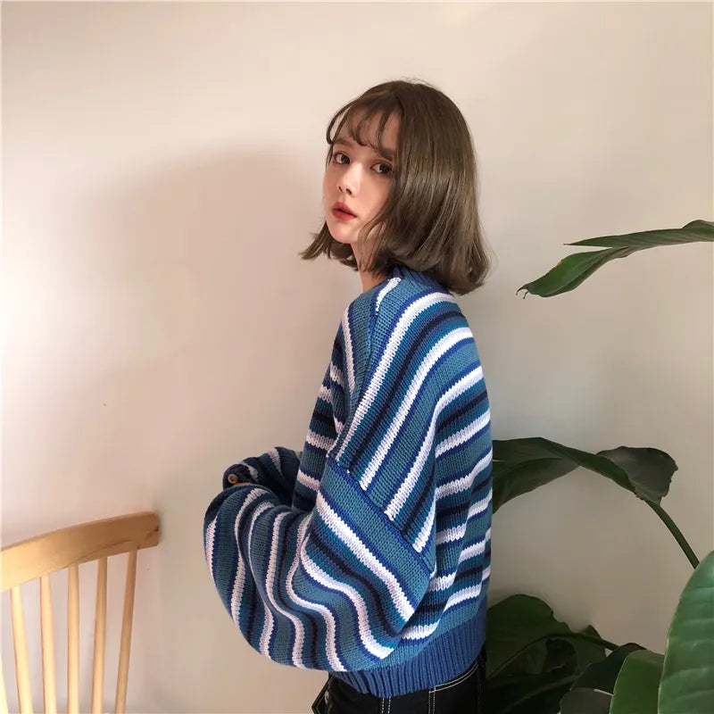 Coquette Aesthetic Wide Sleeved Striped Knitted Sweater for Y2K Vibes