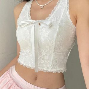 Coquette Bow Halter Neck Top with Front Clasp Buckles - Y2K Aesthetic