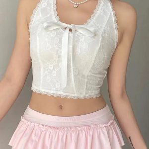 Coquette Bow Halter Neck Top with Front Clasp Buckles - Y2K Aesthetic