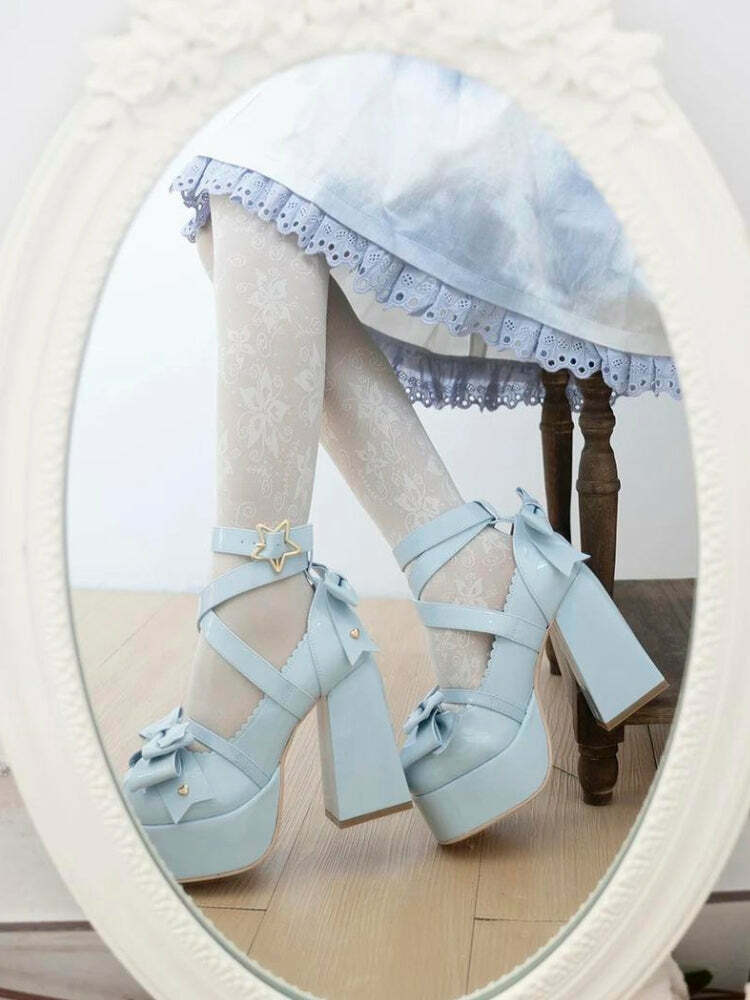 Coquette Bow Star Buckled Platform Heels for Aesthetic Fashion Lovers