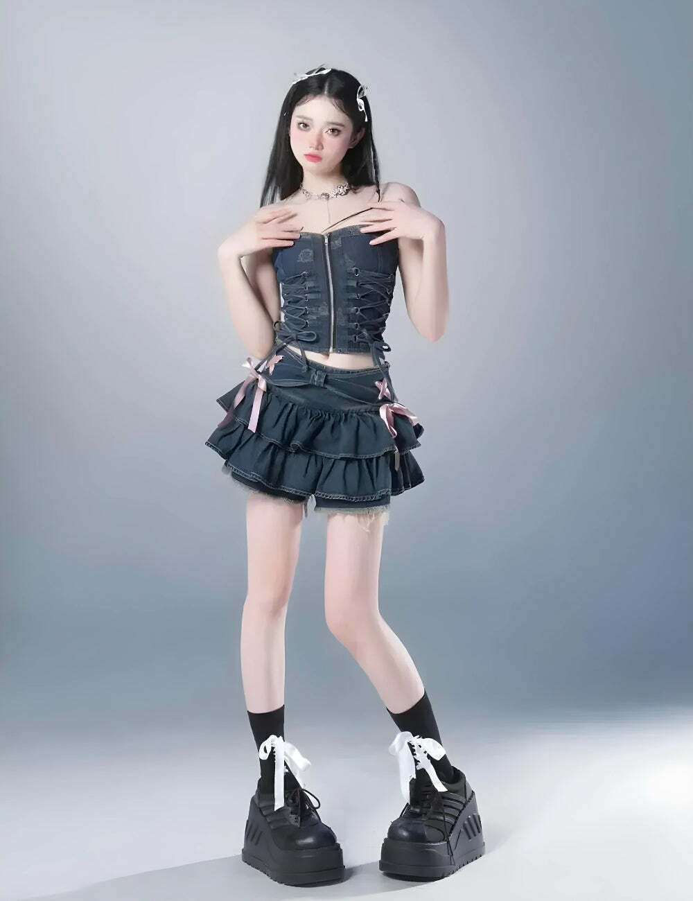 Coquette Low Rise Denim Mini Skort with Ruffle Detail and Aesthetic Vibes