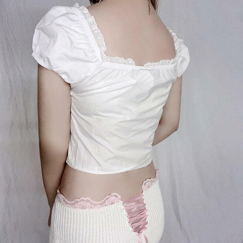 Coquette Puff Sleeve Crop Top with Front Clasp Buckles - Y2K Aesthetic