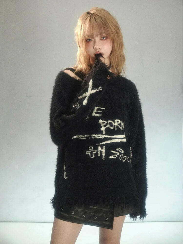 Cozy Grunge Fluffy Knitted Sweater for Aesthetic Outfits