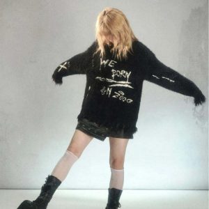 Cozy Grunge Fluffy Knitted Sweater for Aesthetic Outfits