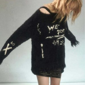 Cozy Grunge Fluffy Knitted Sweater for Aesthetic Outfits