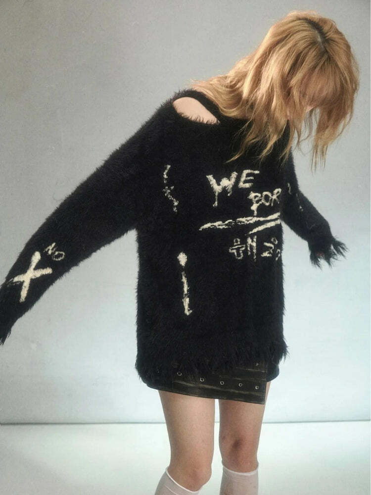 Cozy Grunge Fluffy Knitted Sweater for Aesthetic Outfits