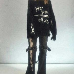 Cozy Grunge Fluffy Knitted Sweater for Aesthetic Outfits