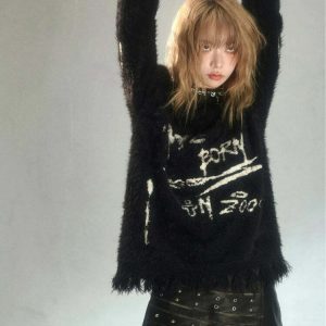 Cozy Grunge Fluffy Knitted Sweater for Aesthetic Outfits