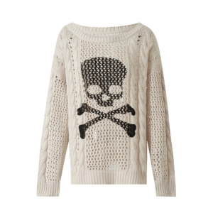 Cozy White Skeleton Knitted Sweater for Aesthetic Grunge Style