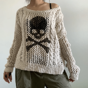 Cozy White Skeleton Knitted Sweater for Aesthetic Grunge Style