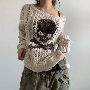 Cozy White Skeleton Knitted Sweater for Aesthetic Grunge Style