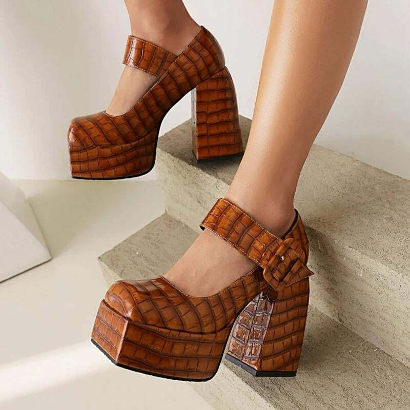 Crocodile Square Toe Platform Heels - Y2K Aesthetic Footwear Trend