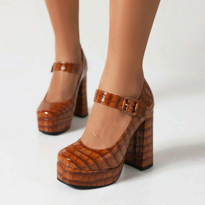 Crocodile Square Toe Platform Heels - Y2K Aesthetic Footwear Trend