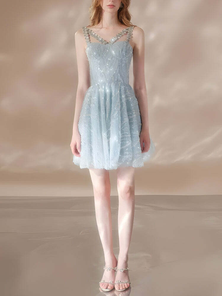 Crystal Strap Sequin Mini Dress - Y2K Aesthetic Party Outfit