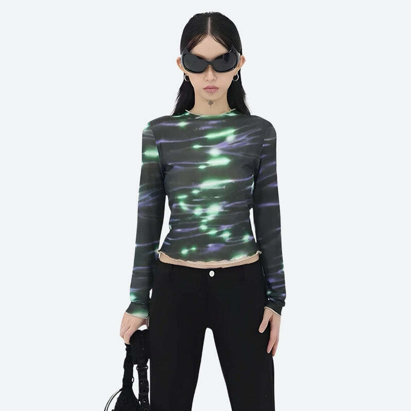 Cyberpunk Green Lights Mesh Top - Aesthetic Grunge & Y2K Fashion