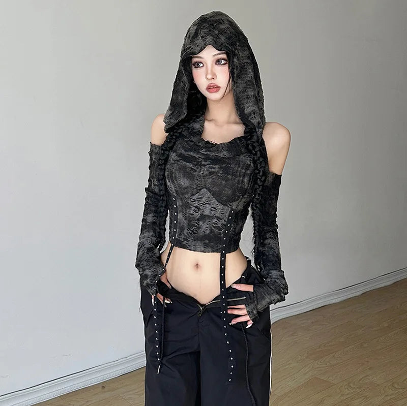 Cyberpunk Off-Shoulder Hooded Top: Y2K Aesthetic for Trendy Styles