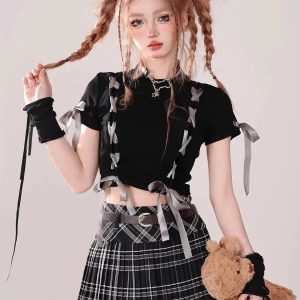 Dark Coquette Aesthetic Crop Top with Front Clasp Buckles