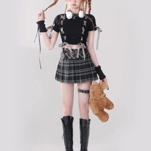 Dark Coquette Aesthetic Crop Top with Front Clasp Buckles