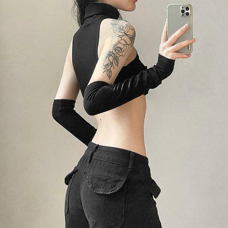 Detachable Sleeved Turtleneck Halter Top - Y2K Aesthetic Fashion Essential