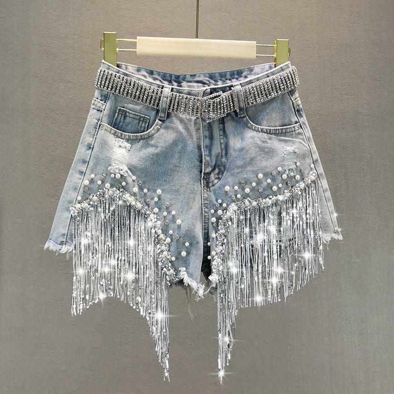 Disco Cowgirl Rhinestone Fringe Denim Shorts for Y2K Aesthetic Vibes