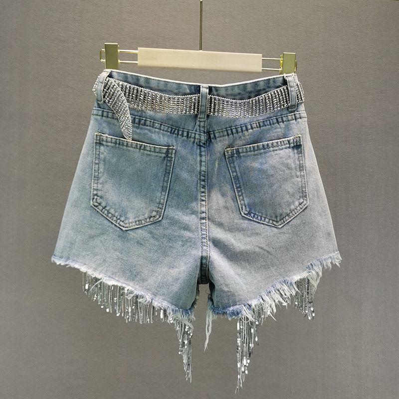 Disco Cowgirl Rhinestone Fringe Denim Shorts for Y2K Aesthetic Vibes